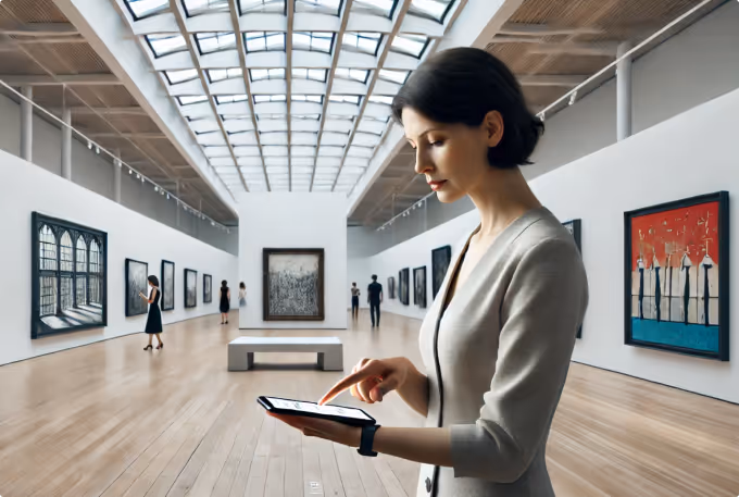 Person in art gallery using phone