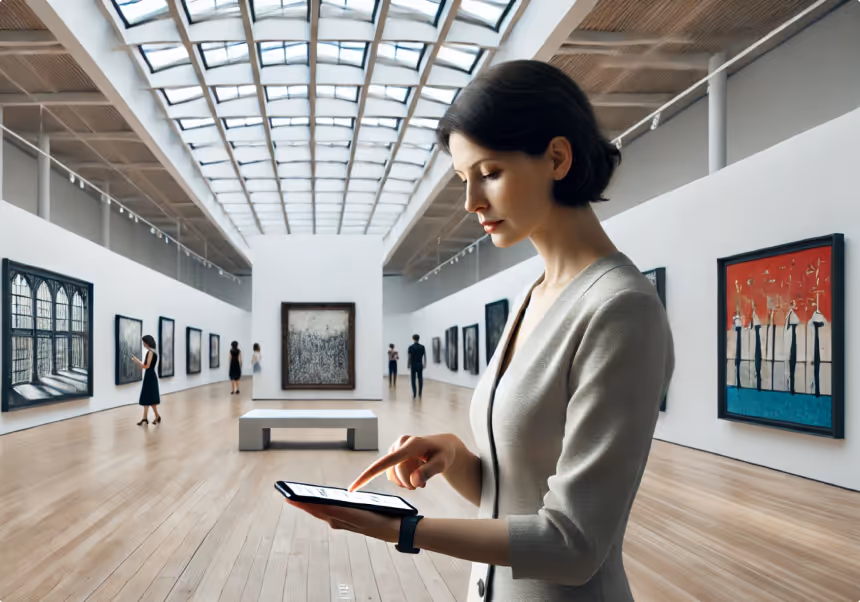 Person in art gallery using phone