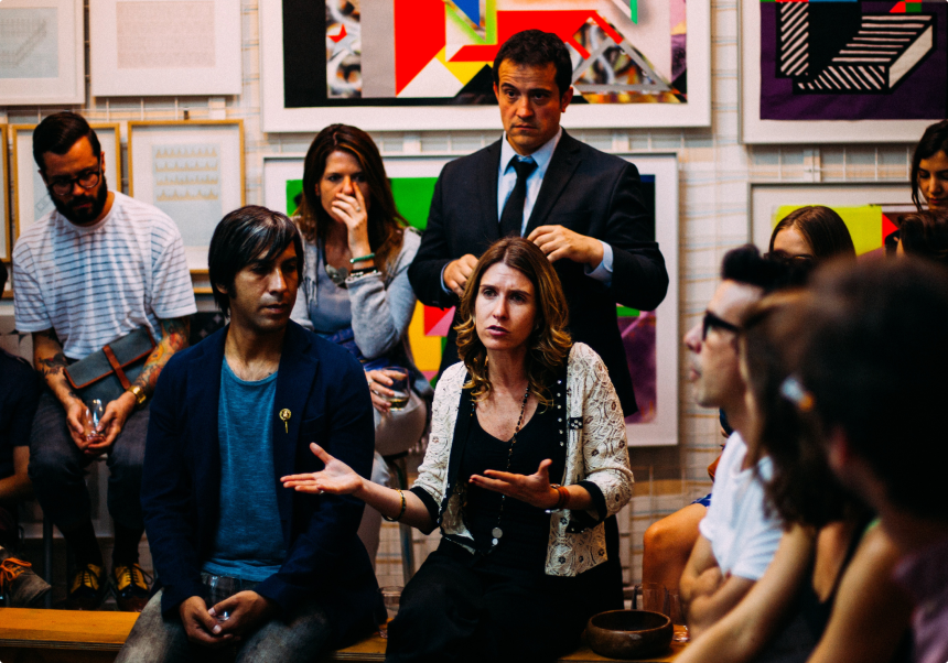 Person explaining two concepts with hand gestures