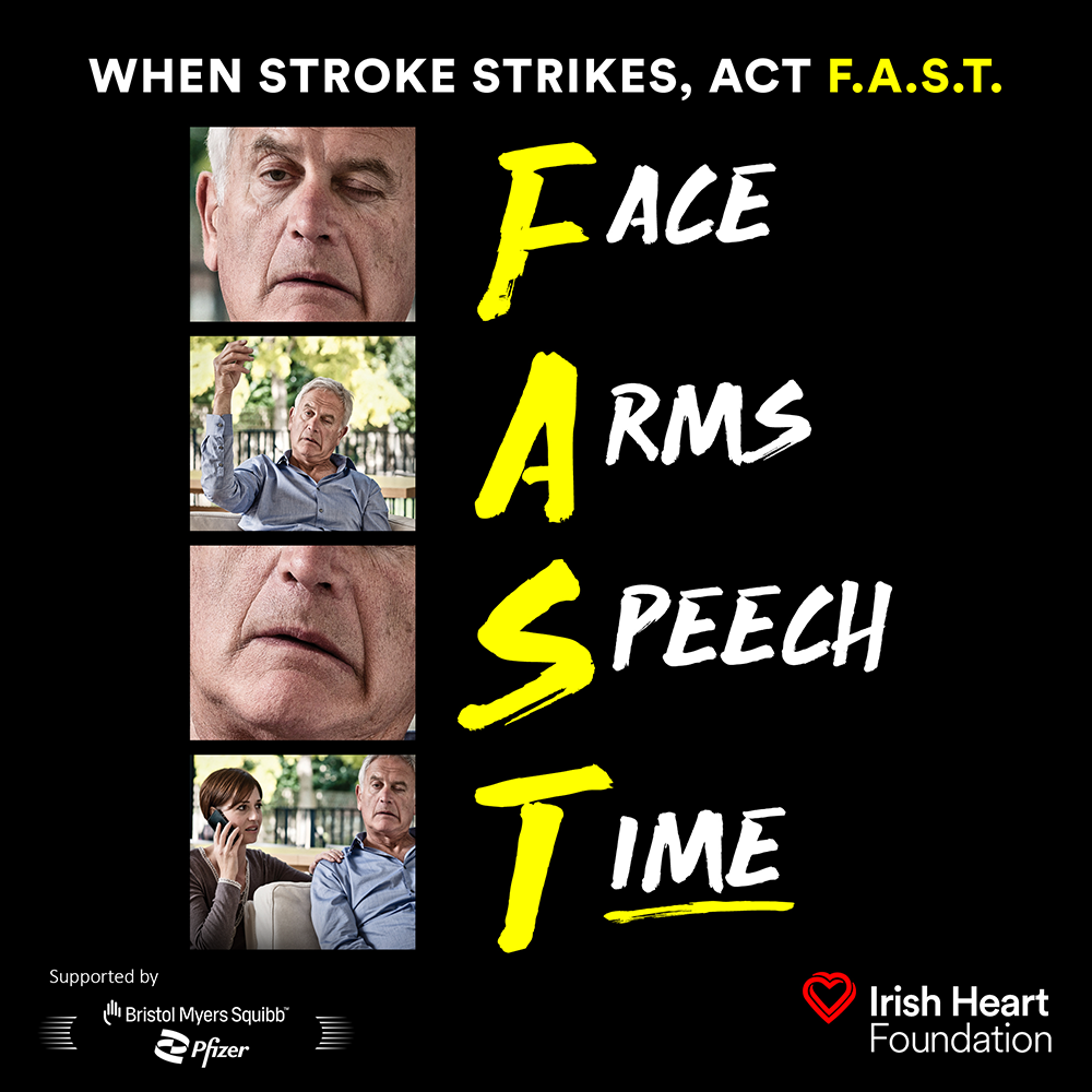Infographic showing the FAST method for recognizing stroke symptoms: Face drooping, Arm weakness, Speech difficulty, and Time to call emergency services