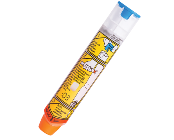 Image of an epinephrine auto-injector with illustrated instructions showing how to use it: remove the safety cap, place the device on the outer thigh, press firmly until it clicks, and hold for several seconds.