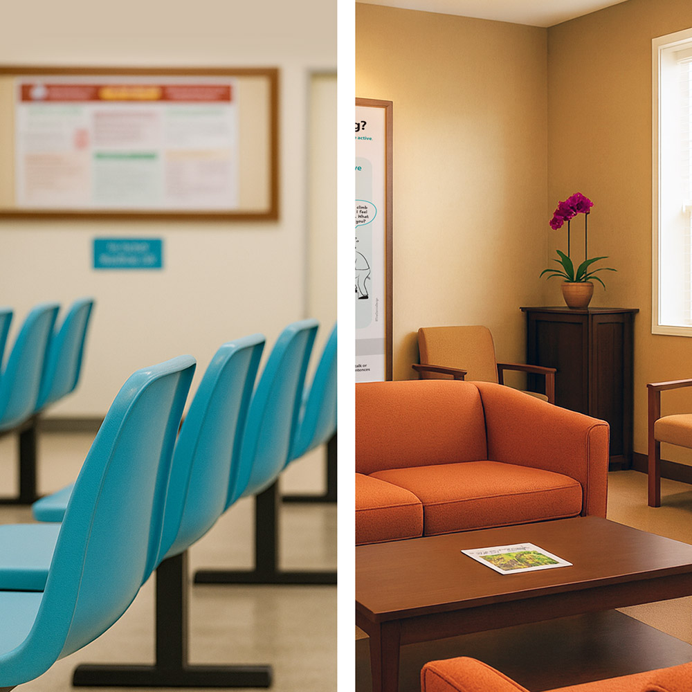Side-by-side comparison of two waiting rooms: on the left, a clinical room with rows of blue plastic chairs and a bulletin board; on the right, a warm, inviting space with soft fabric seating, natural light, and patient-friendly posters.