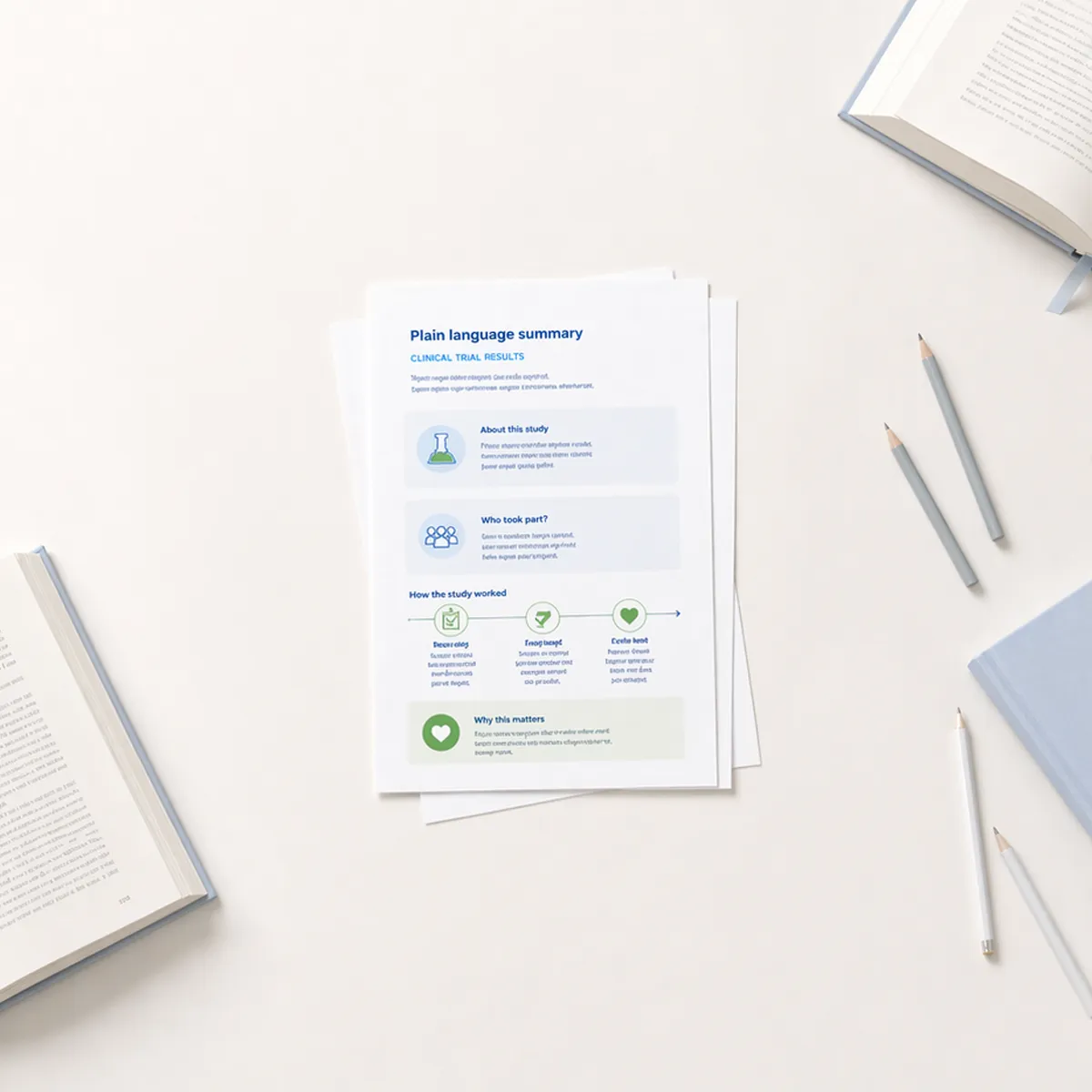 Plain language summary document for clinical trial results on a table with pencils and open books
