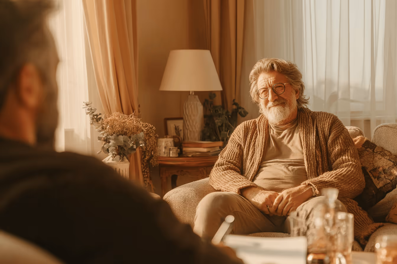 An elderly man talks to a psychiatrist while sitting comfortably in a chair during a medical assessment.
