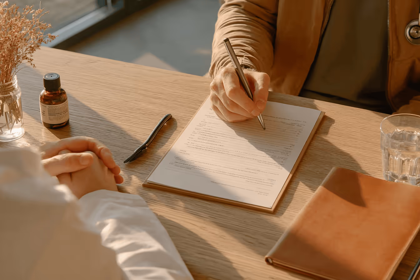 A doctor writing notes on a paper with a pen, focused on documenting important information.