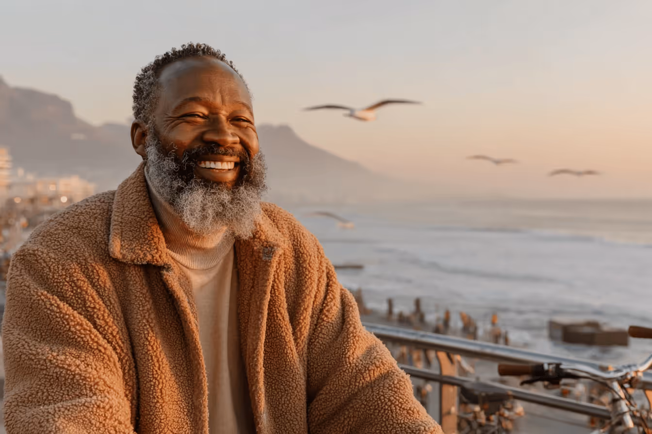 A smiling bearded man sits on a bench by the ocean, enjoying the view and the serene atmosphere.