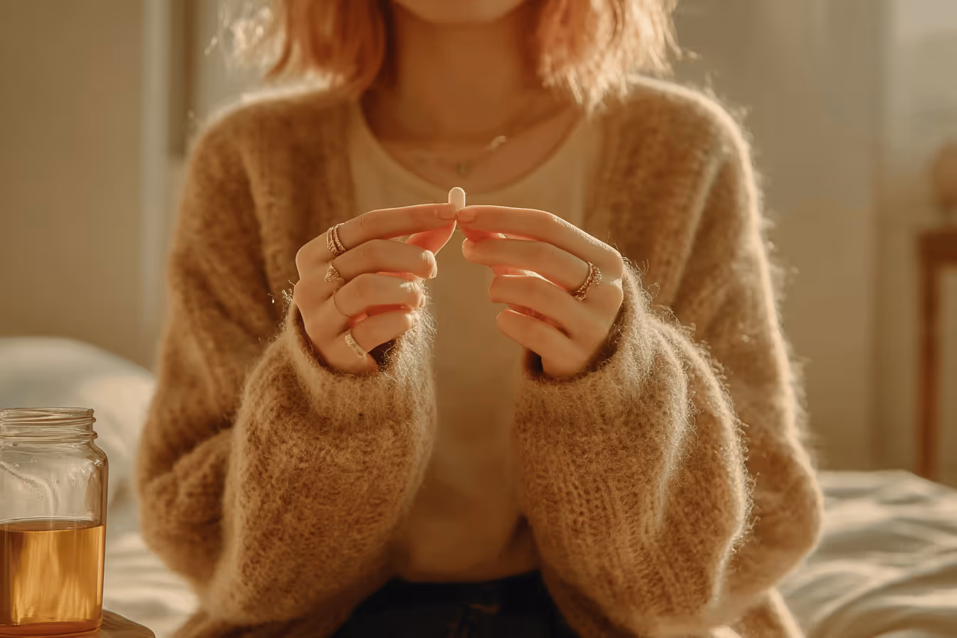 A woman sitting on a bed, holding a medication pill with a glass of water, appears relaxed and contemplative.