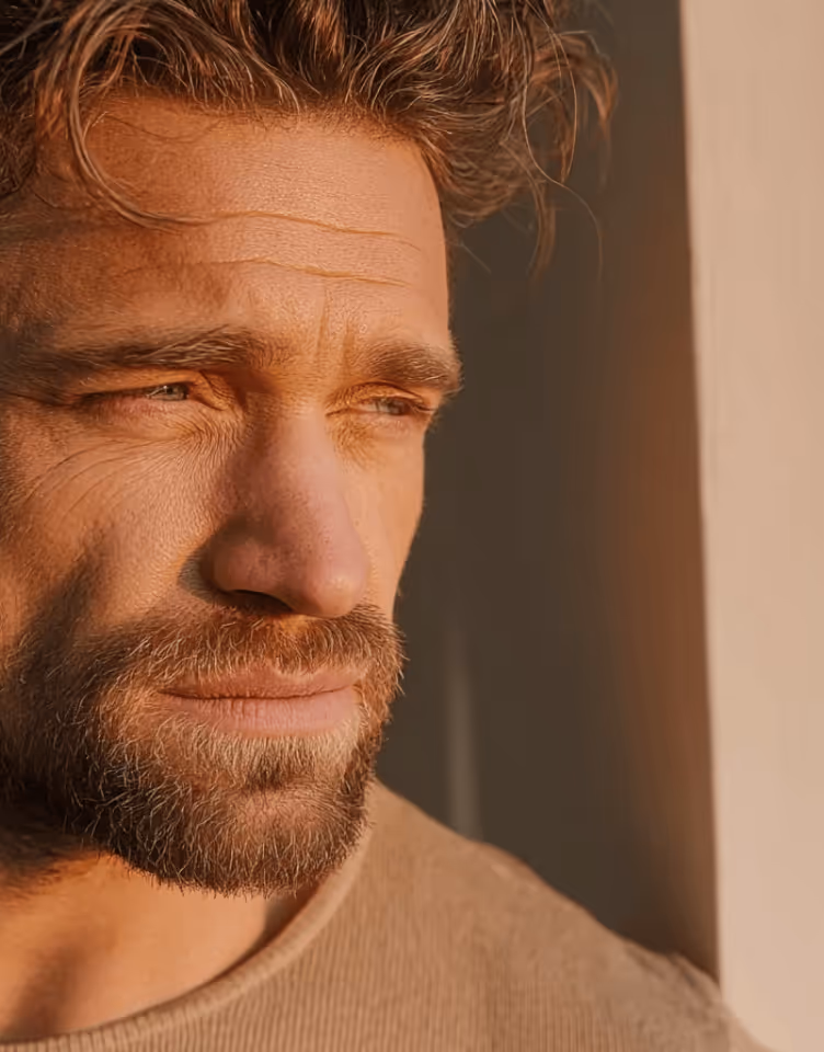 A man with a beard looks out of a window, his face lit by warm natural light, contemplating his mental health with a valiant sense of hope.