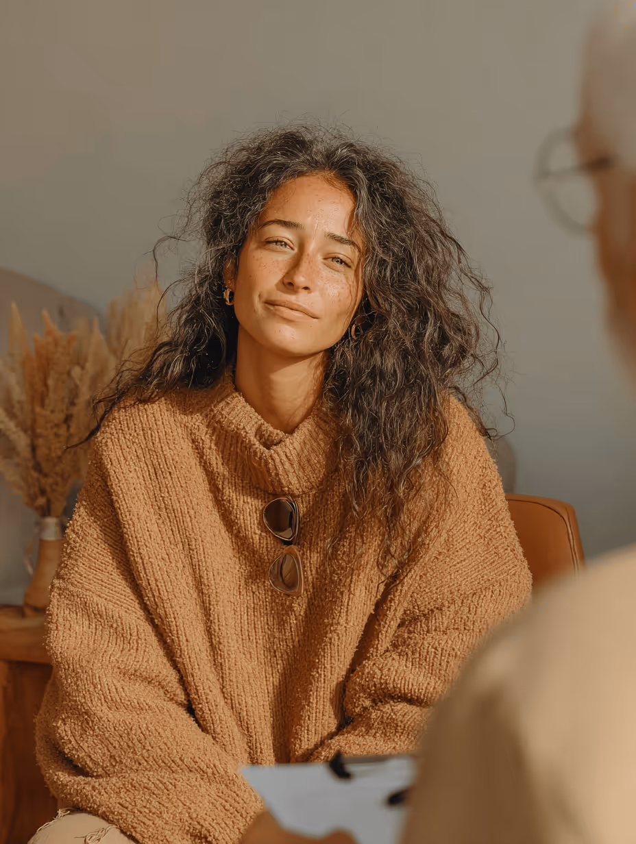 A woman looking relaxed and focus during a psychiatry visit at a medical clinic.