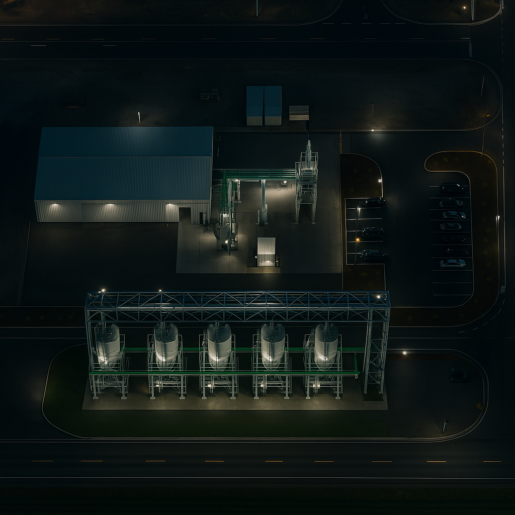 Nighttime aerial view of AER Energy’s carbon removal facility, featuring illuminated modular syngas units and power plant infrastructure.