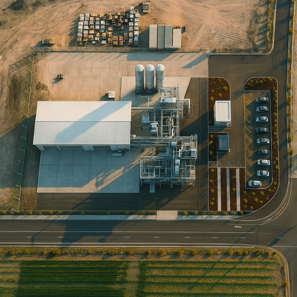 Aerial view of AER Energy biomass gasification facility illustrating carbon-negative infrastructure.