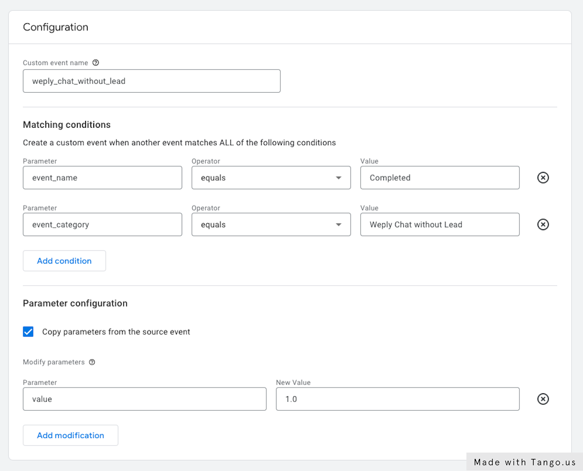 Create your weply_chat_without_lead event