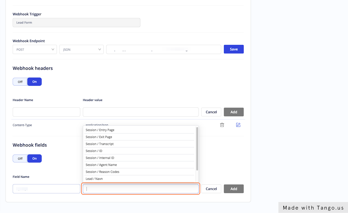 Type your Webhook field Name and Value