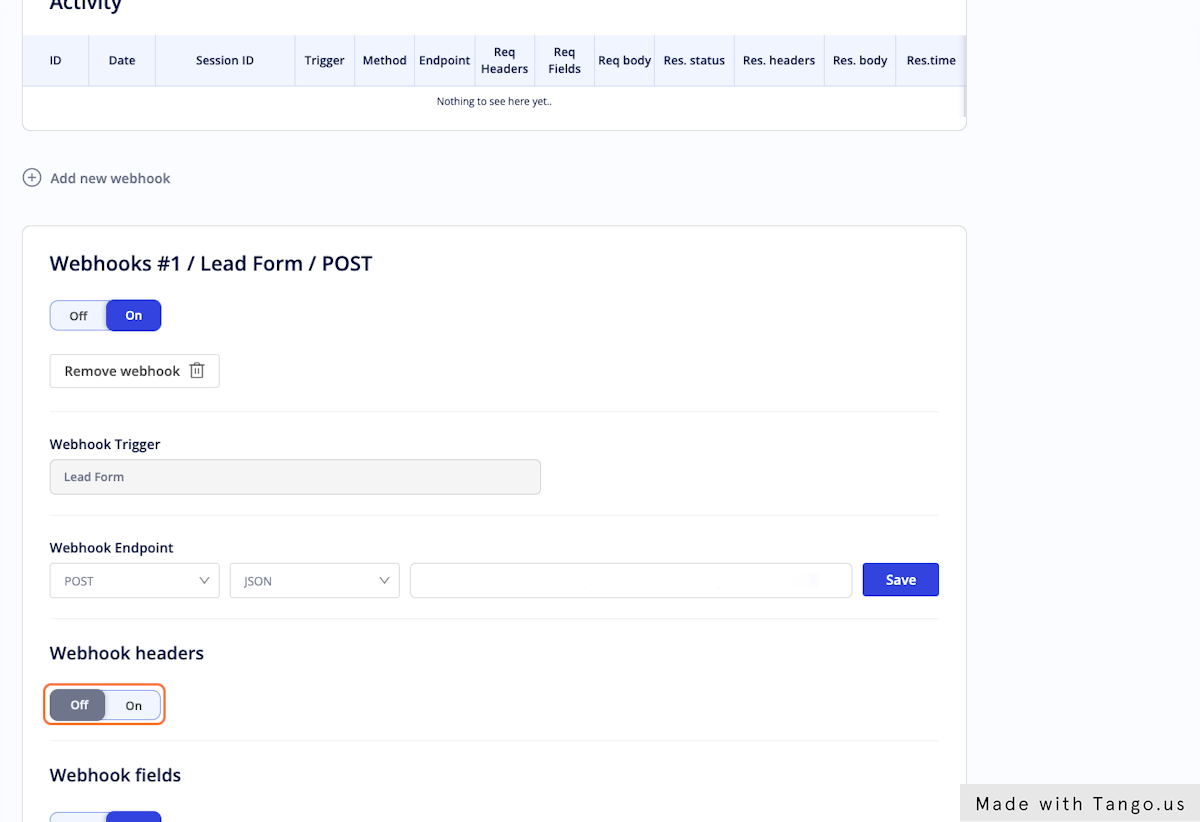 To create your Webhook headers, toggle it to On