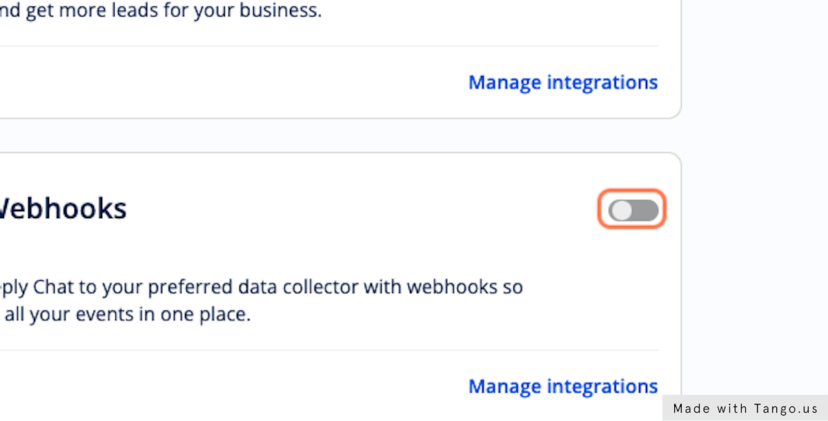 Toggle the webhooks integration to ON