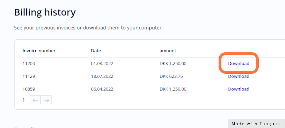 Browse billing history or click Download to download invoice / reciept
