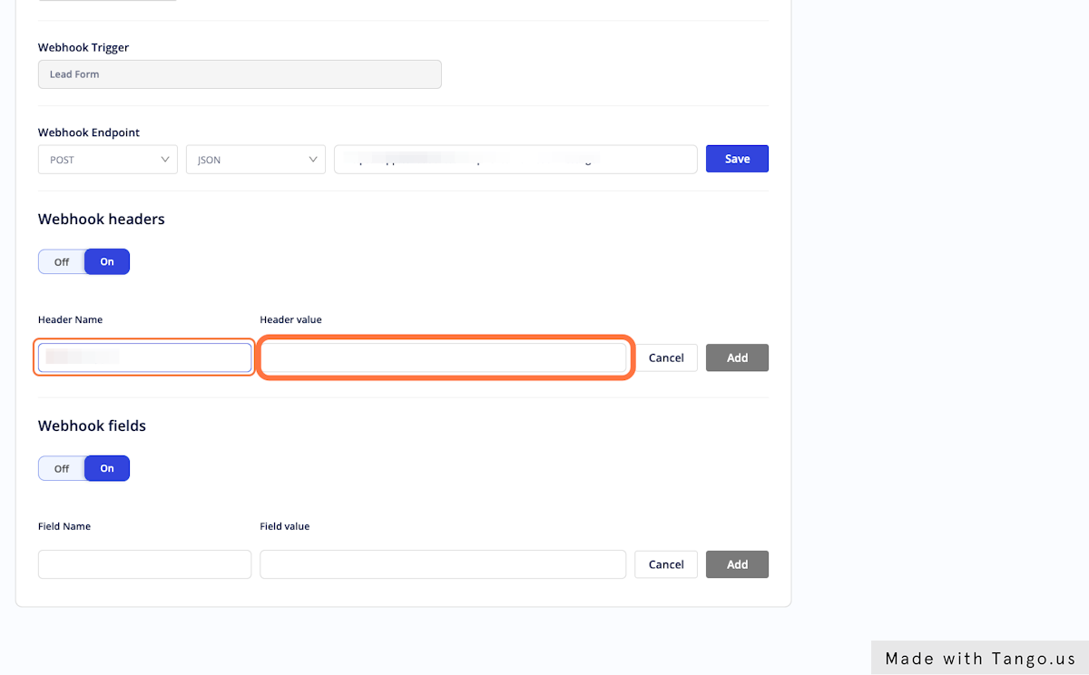 Type your Webhook Name and Value