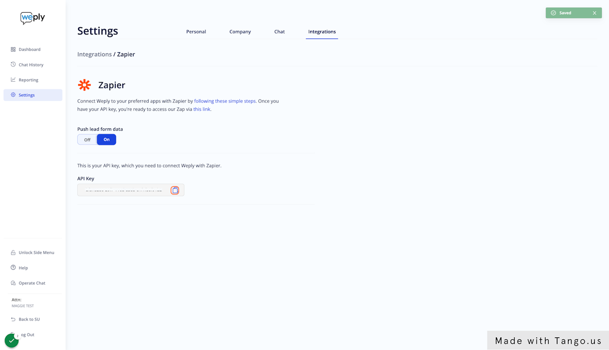 Copy your API key to have it ready