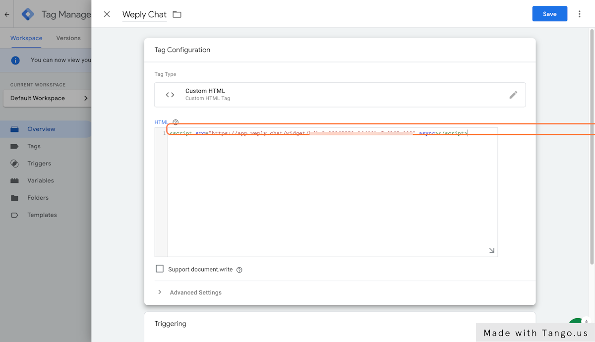 Paste your Weply integration code into text area