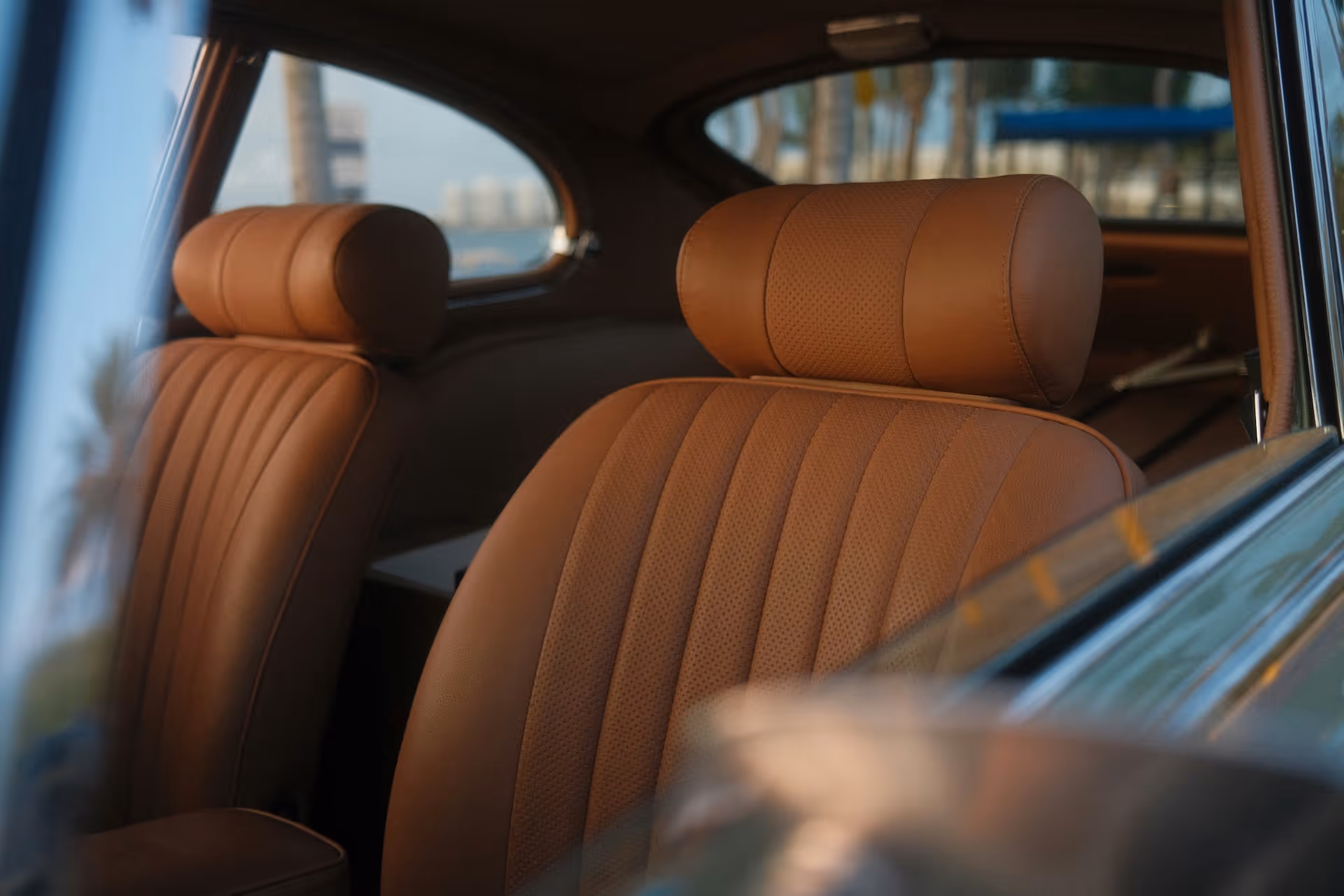 Interior of a car, leather seats.