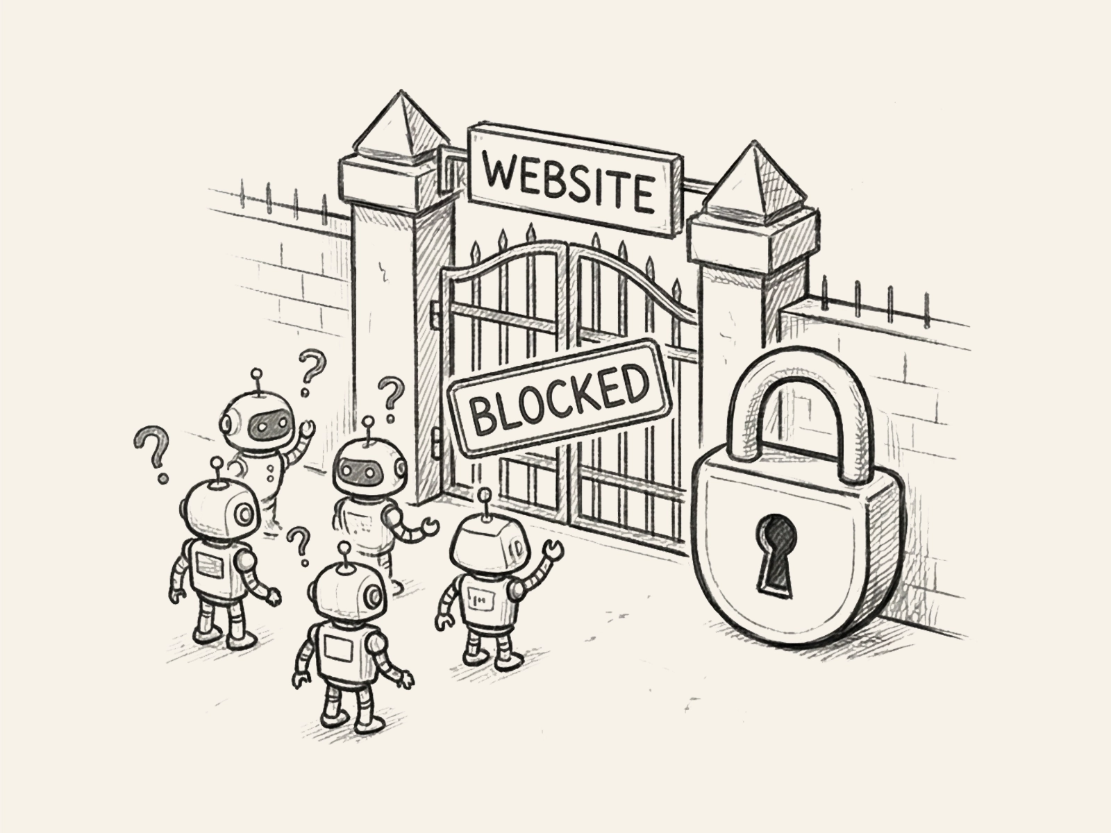 AI models blocked from entering a website — illustration showing AI bots standing outside locked gates