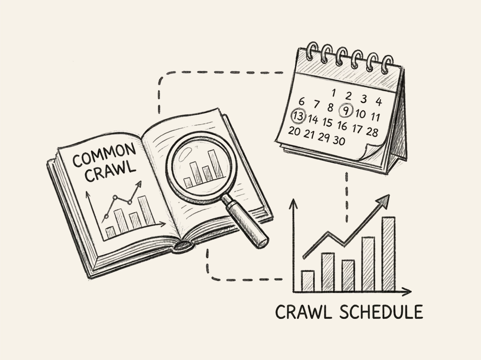 Common Crawl training data checker illustration showing books, magnifying glass, and crawl schedule