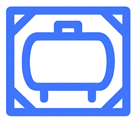 Blue outline icon of a tank container inside a square frame.