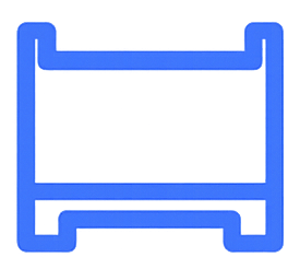 Glowing blue neon icon of a rectangular frame with open sides on a dark gradient background.
