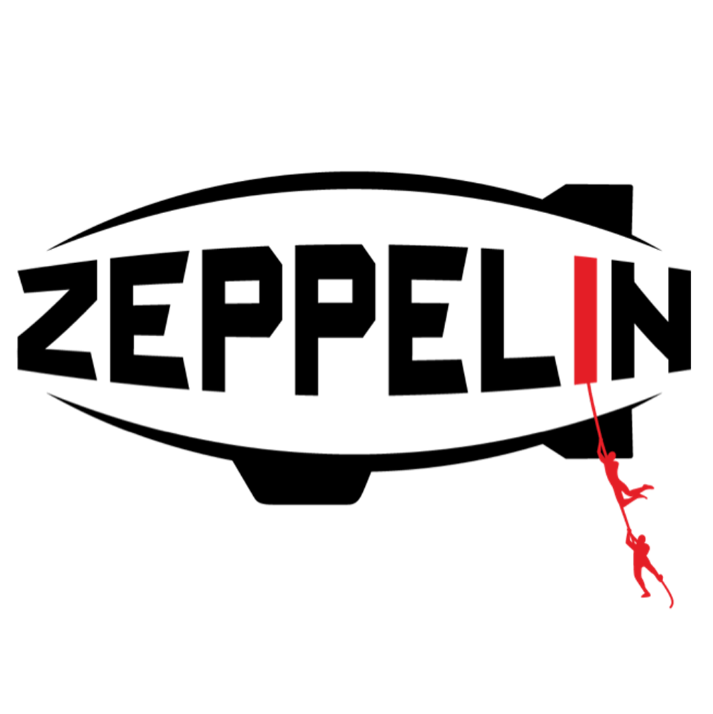 Black text reading 'Zeppelin' with a stylized red kite integrated into the letter 'p' and a red string extending downward.