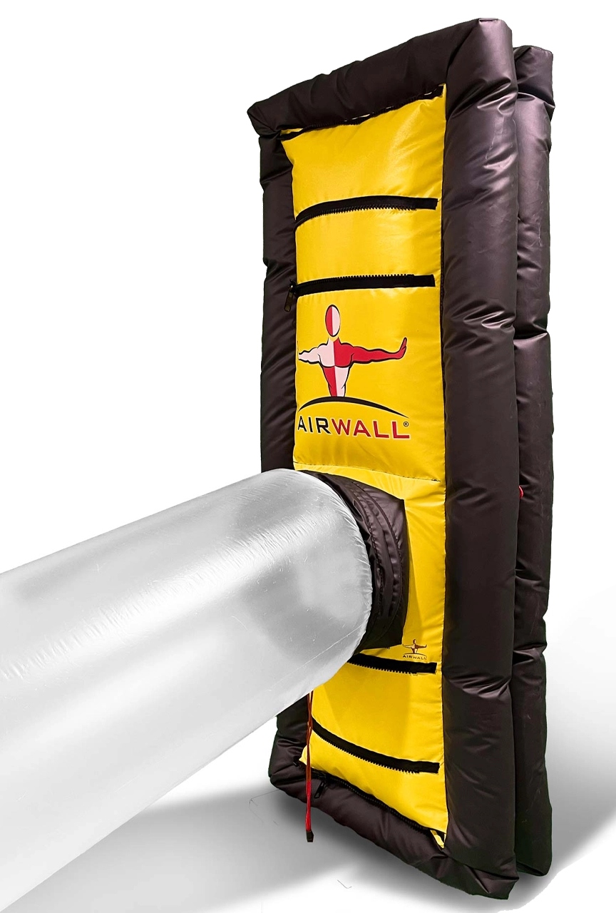 Inflatable yellow and black AirWall barrier with a silver tube attached through its center.