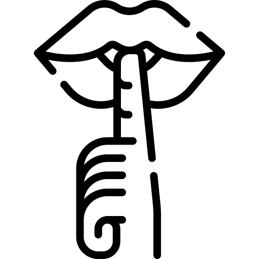 Black silhouette of a person with a finger placed over closed lips, symbolizing silence or a request for quiet.