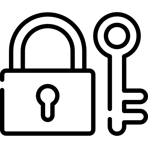Outline icon of a padlock and a key side by side.