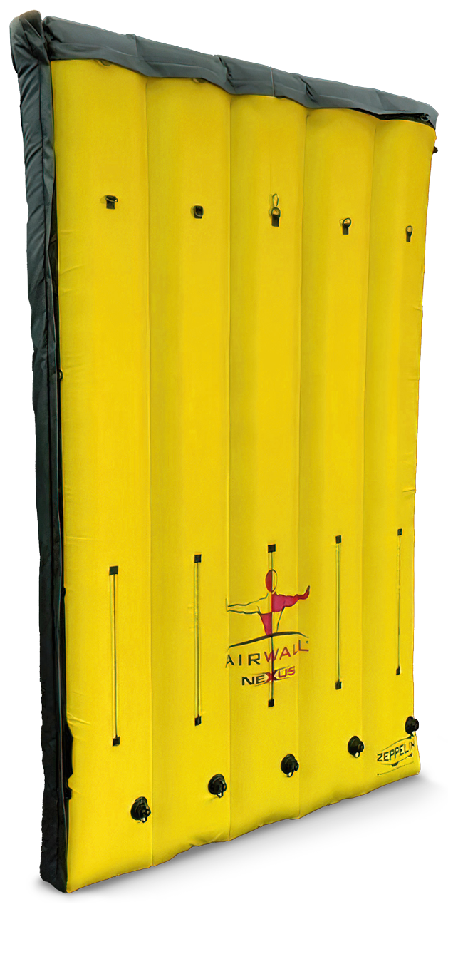 Yellow inflatable safety air wall with black edges, labeled AirWall Nexus and Zeppelin.