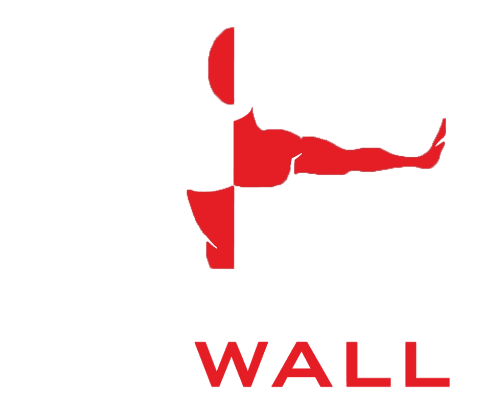 Red silhouette of a person with outstretched arms forming a wall shape with the word 'WALL' in red below.