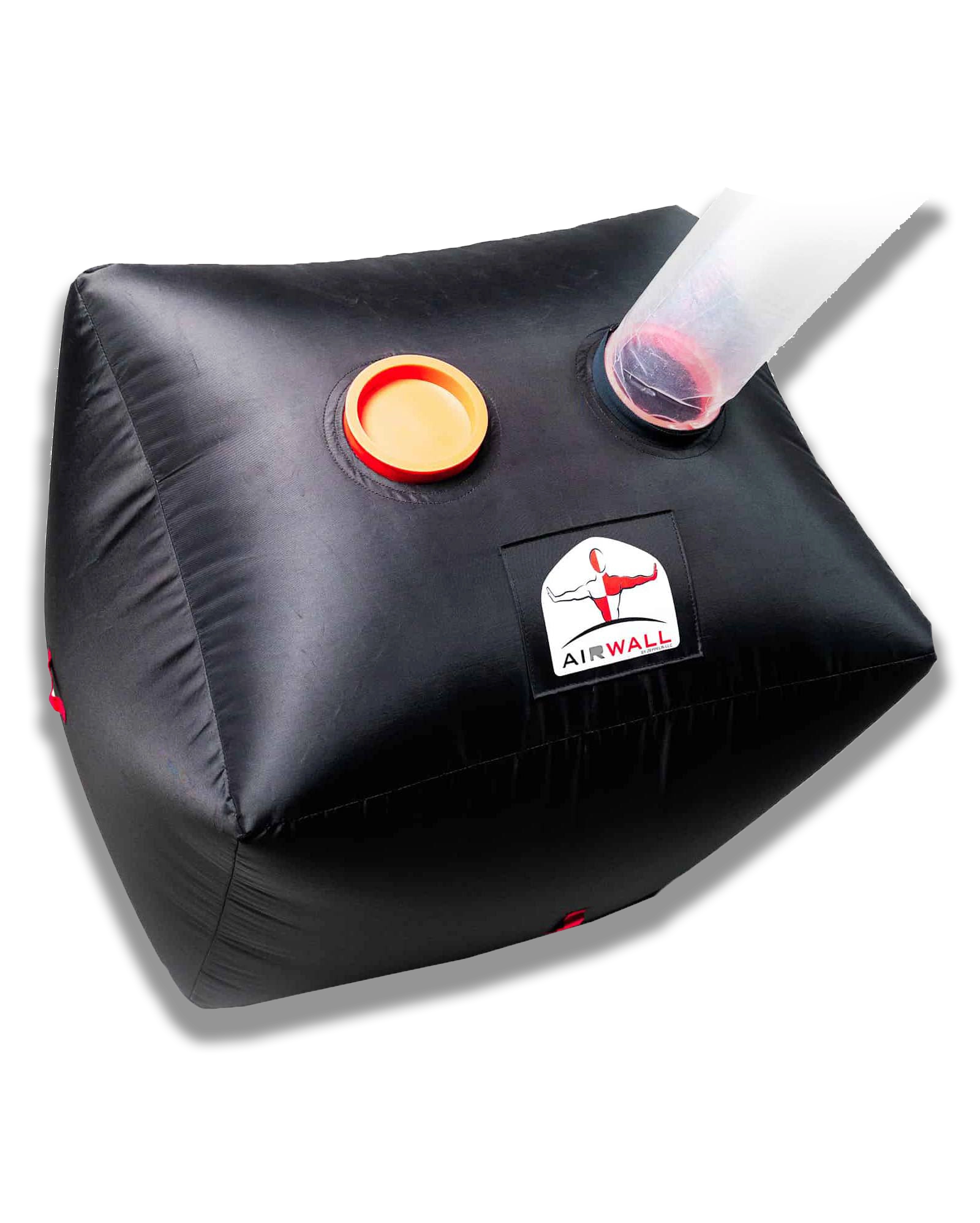 Black inflatable AirWall cube with an orange cap and a transparent tube attached.