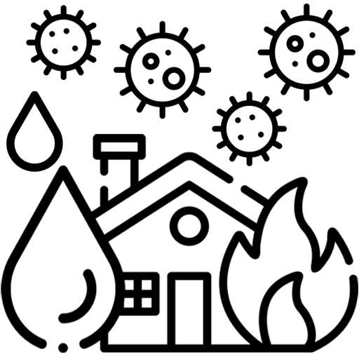 Black silhouette of a house surrounded by virus particles and water droplets symbolizing a disaster scenario.