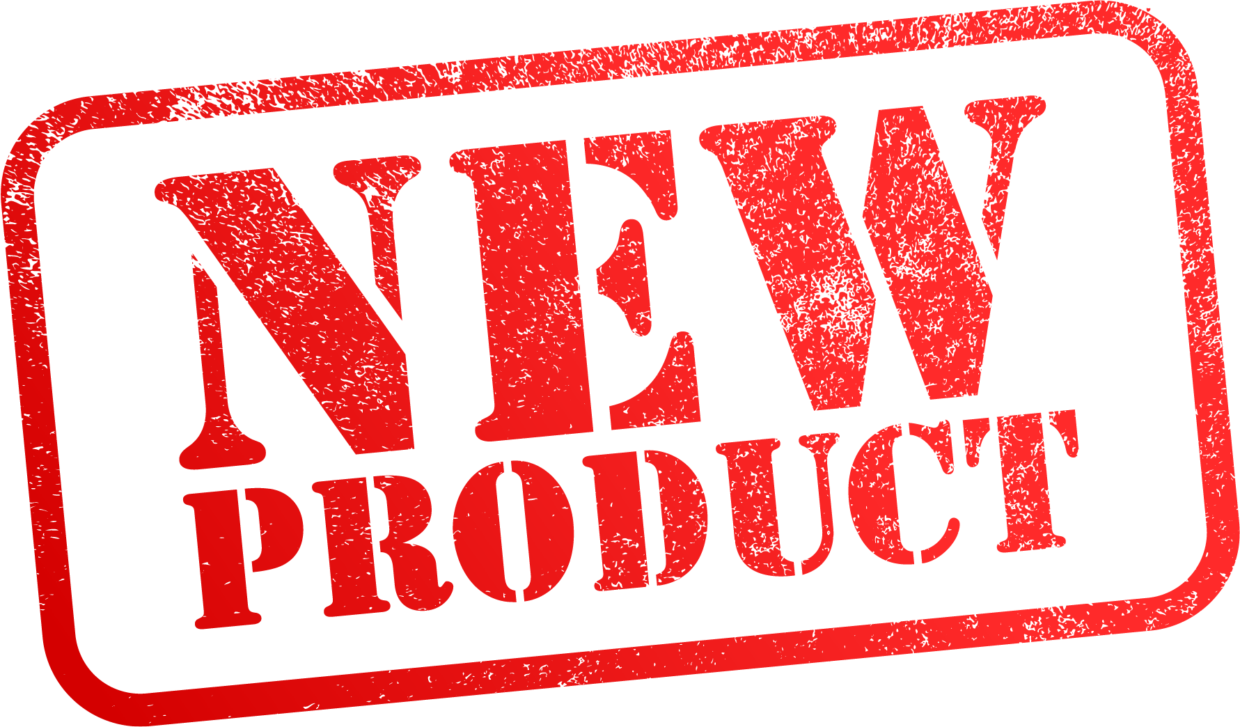 Red rubber stamp style text reading 'NEW PRODUCT' with a distressed texture.