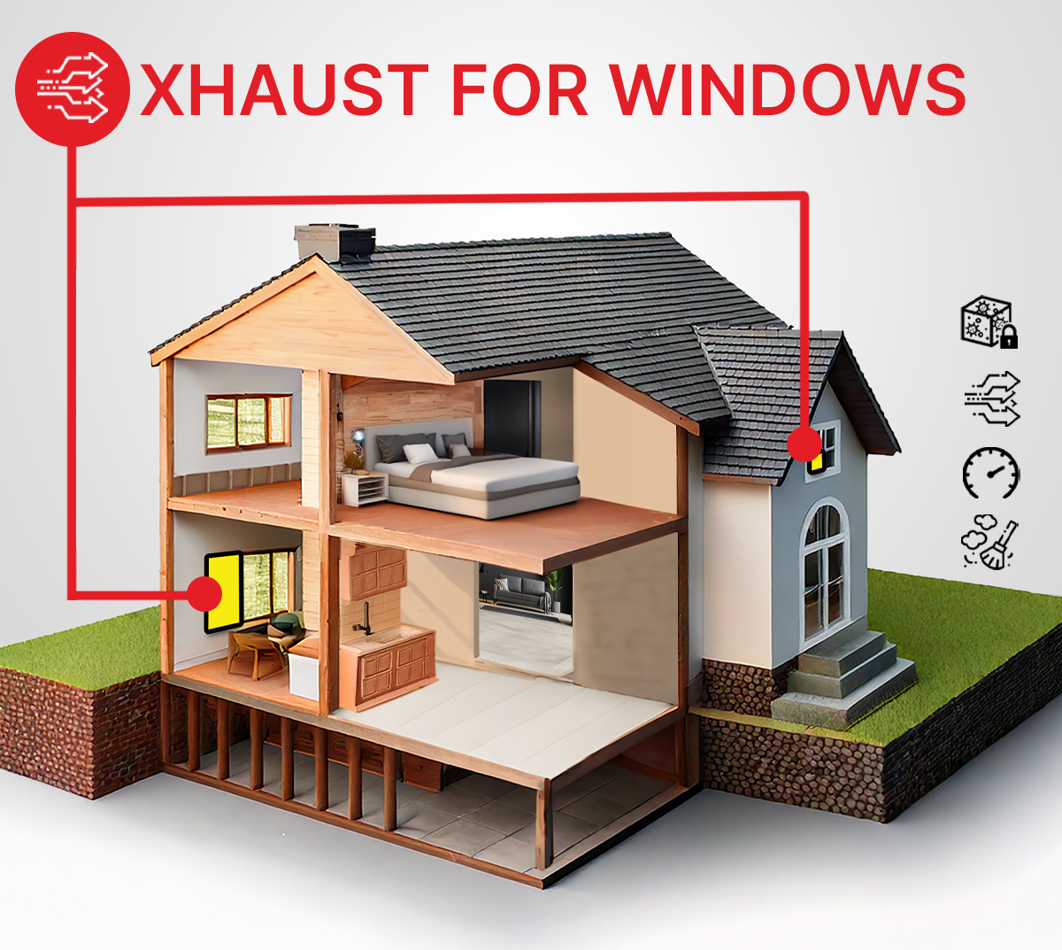 Cutaway 3D model of a two-story house showing interior rooms with two windows highlighted in yellow, labeled 'Exhaust for Windows' with connected red lines and ventilation icons.