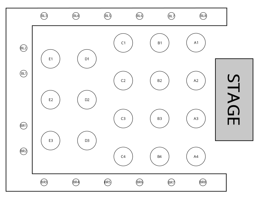 A seating map for the Murder and a Meal Theatre at Arizona Broadway Theatre.