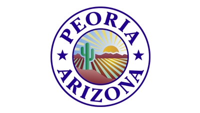 Peoria, Arizona city seal featuring desert landscape with cactus, mountains, and sunrise.
