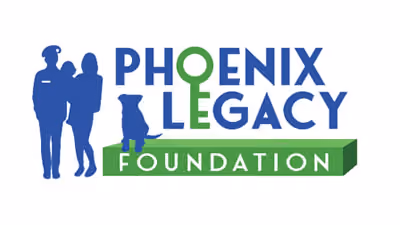 Phoenix Legacy Foundation logo with silhouettes of a serviceman, partner, and a dog.