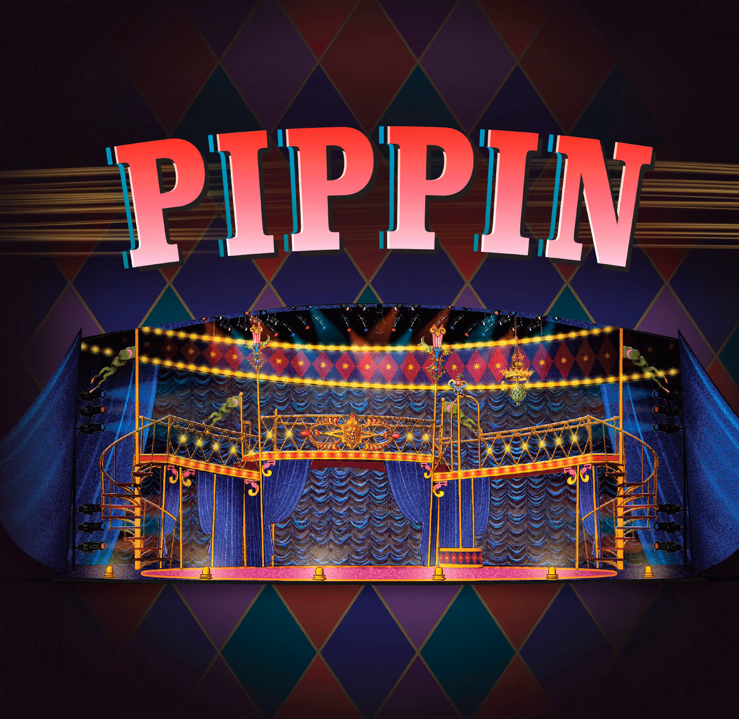 Colorful theater stage set with blue curtains, golden railings, and lights, above which is the word 'PIPPIN' in large pink and red letters.