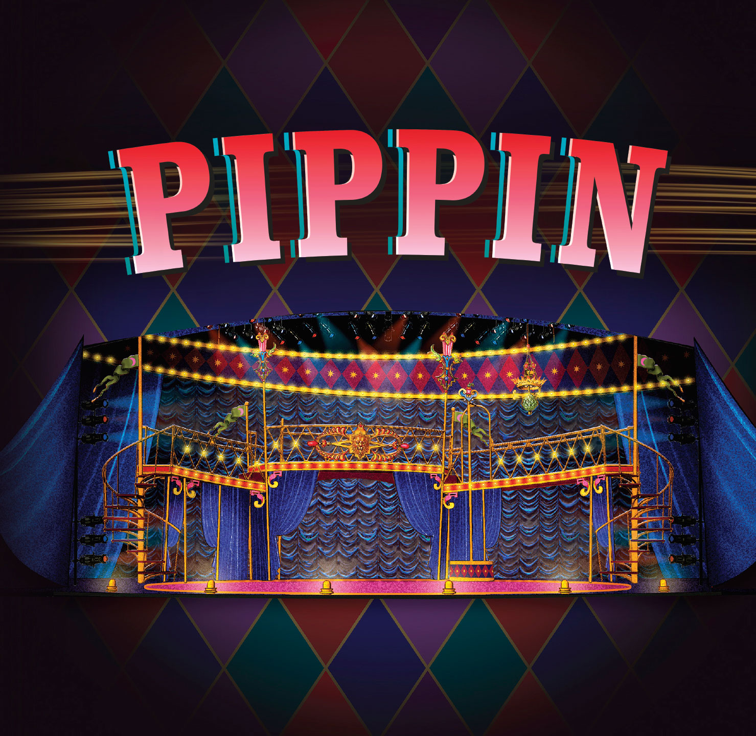 Colorful theater stage set with blue curtains, golden railings, and lights, above which is the word 'PIPPIN' in large pink and red letters.