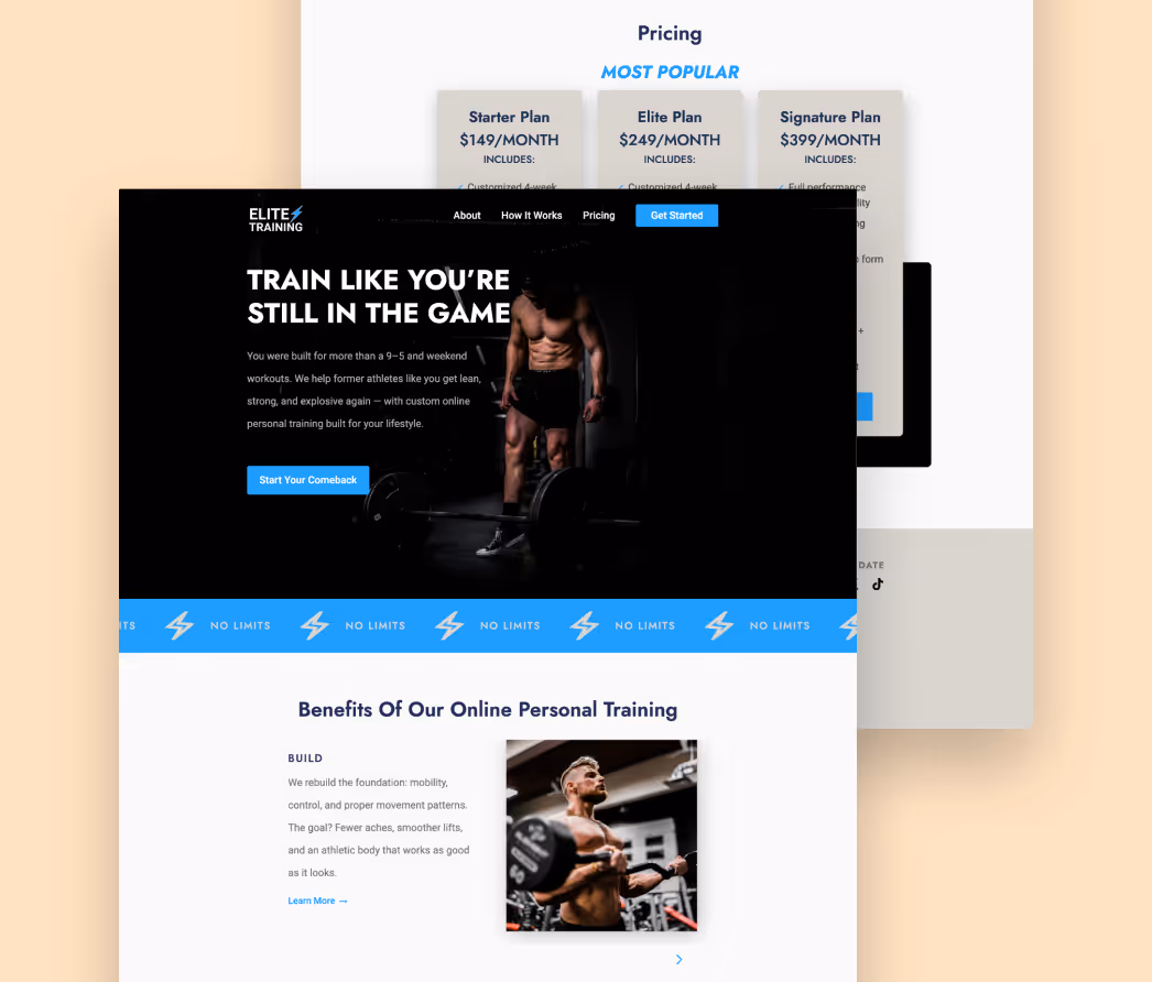 Screenshot of online personal training landing page