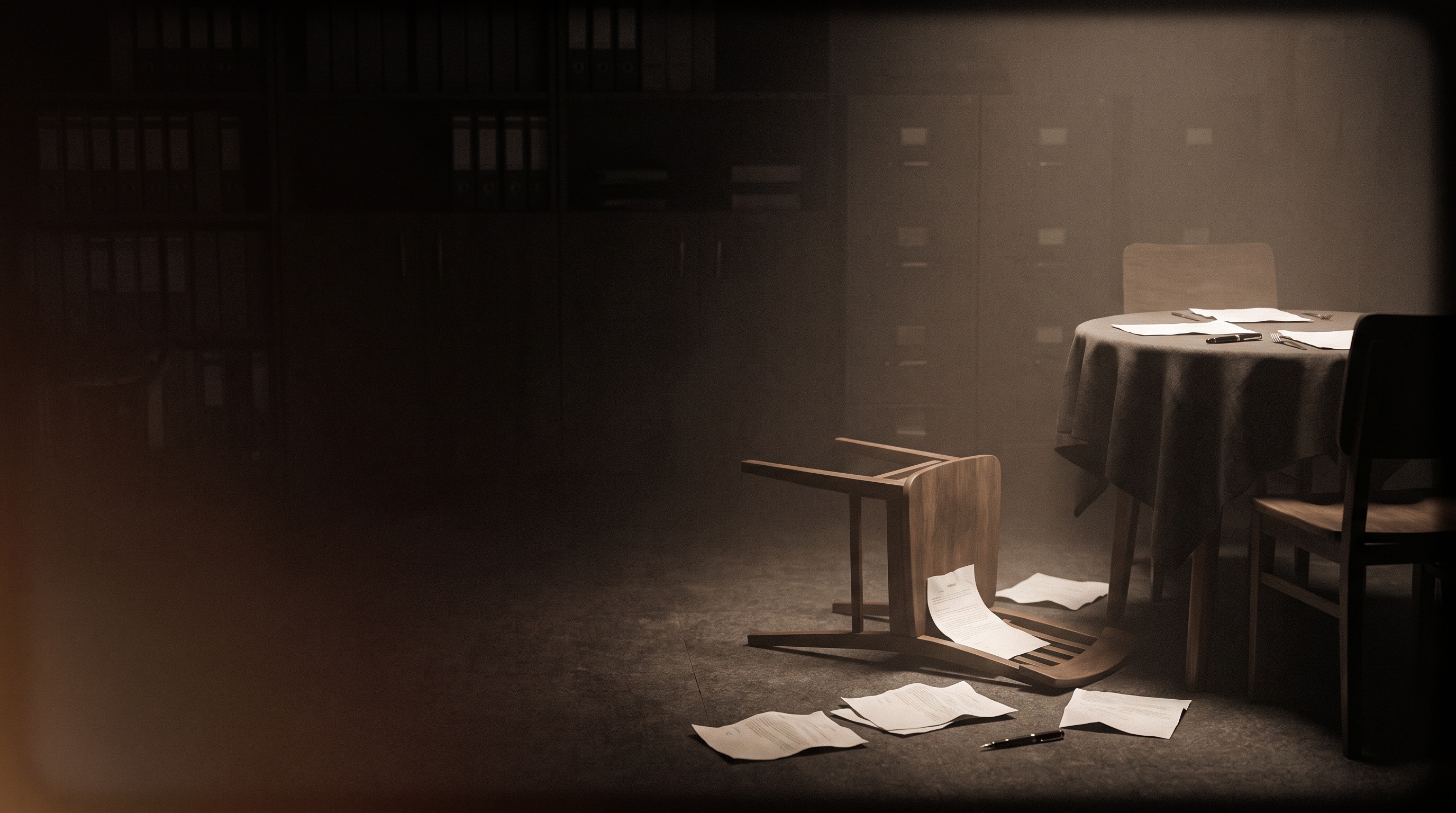 A tipped-over chair beside a table set for two, signature pages scattered on the floor