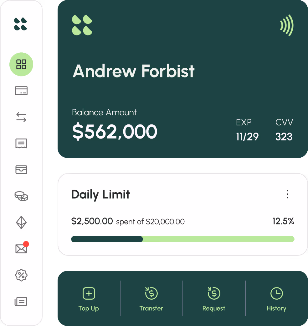 Digital banking interface showing Andrew Forbist's balance of $562,000, card expiration 11/29, CVV 323, daily spending limit progress with $2,500 spent of $20,000, and options to Top Up, Transfer, Request, and view History.