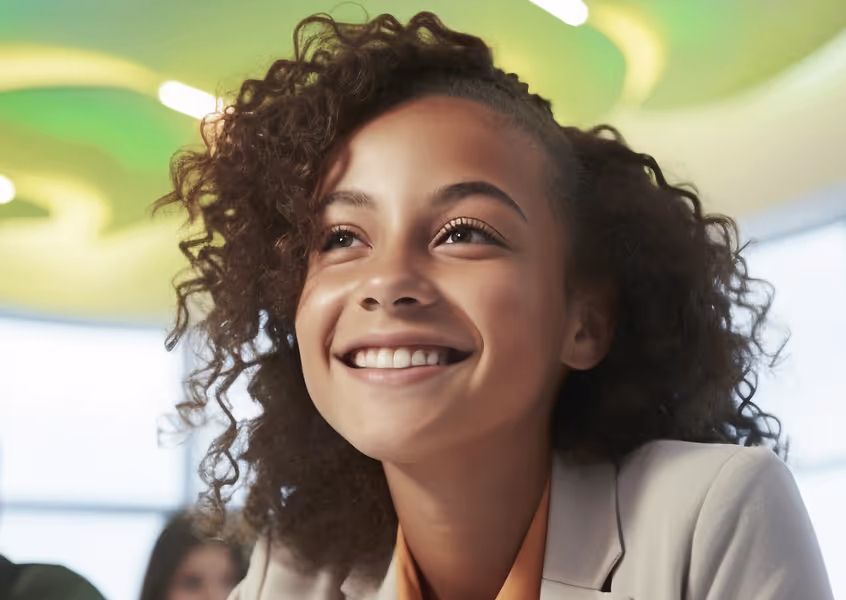 Smiling woman with curly hair wearing a light-colored blazer in a bright indoor space.