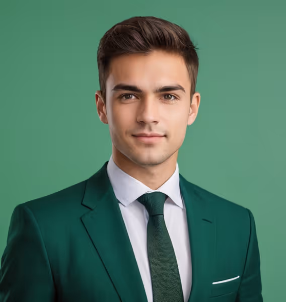 Young man with brown hair wearing a green suit, white shirt, and green tie against a green background.