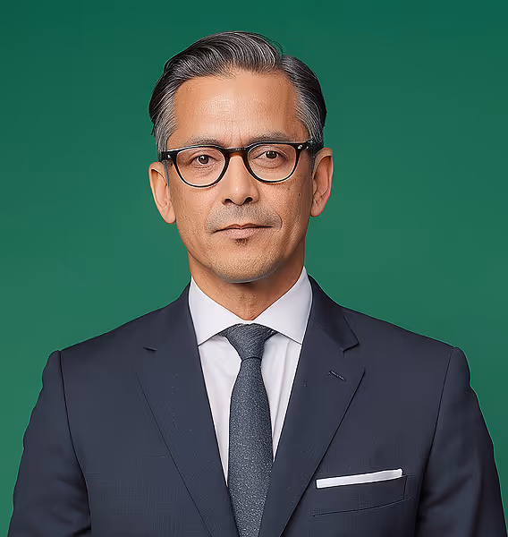Portrait of a middle-aged man wearing glasses, a dark suit, white shirt, and tie, against a green background.