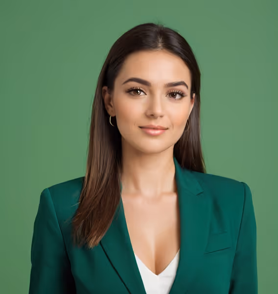 Portrait of a young woman with straight brown hair wearing a dark green blazer and white top against a green background.